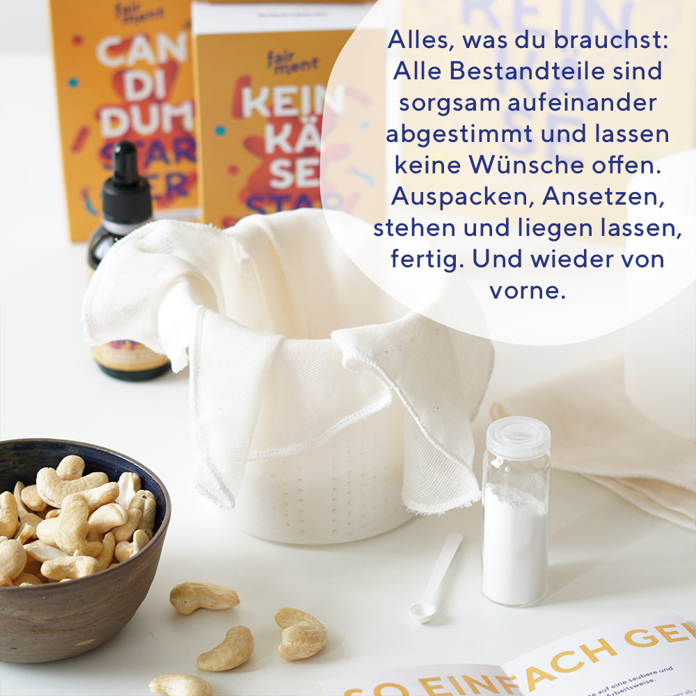 veganer Camembert, fermentiert, fairment, Fermentation, veganer Käse, vegan cheese, Cashewbert, Käsekultur, Käse Starter, veganer Frischkäse, Käsealternative, Käseersatz, Starter Kit Keinkäse