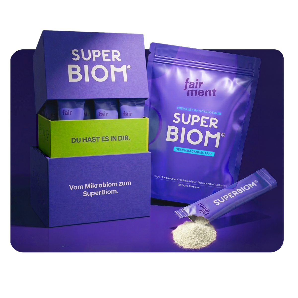 SuperBiom® das erst 3+1 SynbiotikumEs vereint alles, was du brauchst, in einem Sachet täglich  –  sporenbasierte Bakterienkulturen, präzise Ballaststoffe, inaktivierte Bakterienkulturen + Aminosäuren.